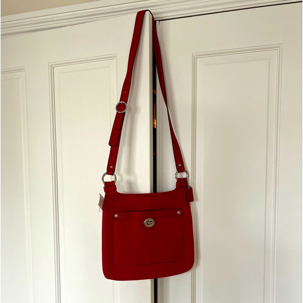 NWT red Coach leather crossbody bag with multiple pockets